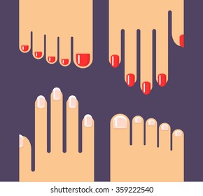 Manicure and pedicure illustration in flat vector style. Hands and feet with french manicure and red nail polish.