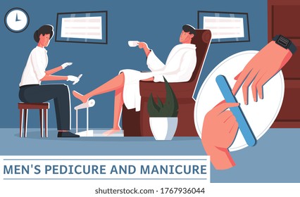 Manicure pedicure man flat composition with cosmetic salon scenery and doodle characters male client with text vector illustration