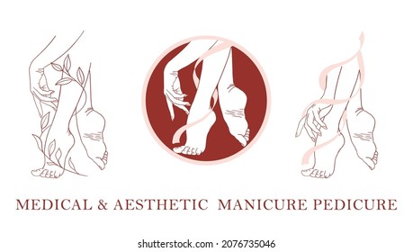 Logotipo de manicura y de maestro de pedicura, iconos sencillos y elegantes para el salón de belleza, spa, uñas, cuidado de manos y pies, masaje médico.