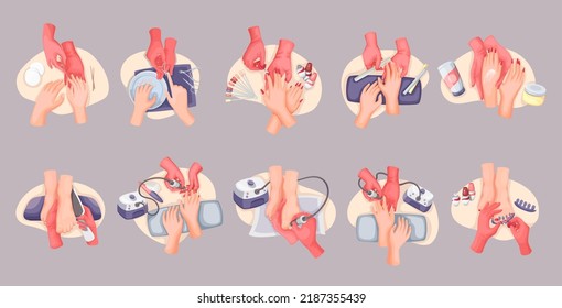 Manicure, pedicure and nail care set vector illustration. Beautician doing massage and bath for foot and hand of customer. Cartoon isolated hands of beauty salon worker hold nail polish and file