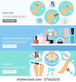 Manicure pedicure nails file callus removing tools kit and information 3 flat banners webpage design vector illustration