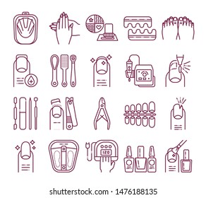 Manicure and pedicure procedures line icons set. Nails service. Beauty industry. Pictograms for web page, promo. UI/UX/GUI design elements. Editable stroke.