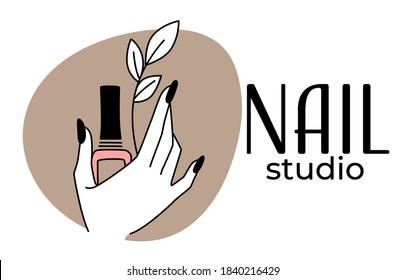 Procedimentos de manicura e pedicure em estúdio ungueal ou salão de beleza. Logotipo isolado com mão feminina com unha polida e ramo floral. Emblema ou rótulo com texto, vetor em estilo plano