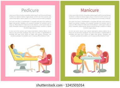 Manicure and pedicure procedures in spa beauty salon. Beautiful nails and toes of woman client, isolated set vector. Manicurist and pedicurist working