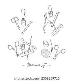 Manicure and pedicure professional tools compositions collection with wire cutters, nail file, scissors, nail polish, toe separator, cuticle pusher spoon drawing on white background