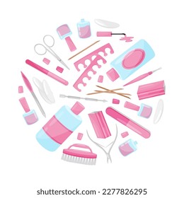 Manicure and Pedicure Round Composition Design with Nail Equipment Vector Template