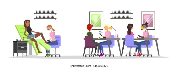 Manicure and pedicure salon interior. Woman sitting in the chairs and making professional manicure. Nail polish and painting. Beauty procedures. Isolated vector flat illustration
