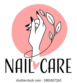 Manicure and pedicure salon, isolated logotype or emblem for nail studio. Elegant female hand with decorative foliage. Procedure by specialist or master. Relaxing services. Vector in flat style