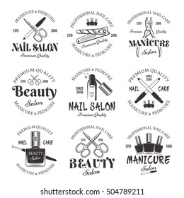 Manicure and pedicure salon set of vector monochrome emblems, labels, badges isolated on white background. Nail care and nails art studio or beauty salon logos collection 