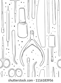 Manicure and pedicure seamless pattern Salon procedure for nails. Tools for nail design.