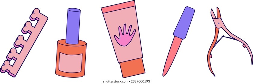 Manicure and pedicure set. Nail polish, nail file, manicure scissors, hand cream. Nail care in the beauty salon or in the home. Hand und nails care vector flat illustration.