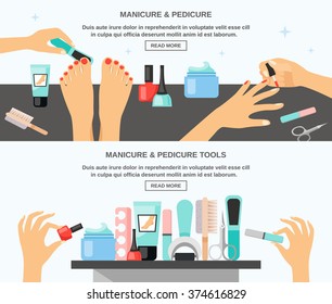 Manicure and pedicure tips tools accessories information 2 flat banners composition webpage design abstract isolated vector illustration