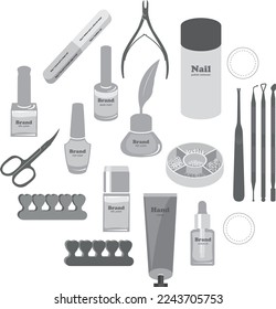 Manicure and pedicure tools or accessories, nail salon supplies in grayscale style. Hand cream, nail polish samples, file, scissors. Hand and foot care and therapy equipment.