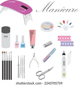 Manicure and pedicure tools or accessories, nail salon supplies. Hand cream, polish samples, files, scissors, nails care elements vector set. Equipment for hand and foot care and treatment.