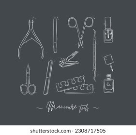 Manicure and pedicure tools collection with wire cutters, nail file, scissors, nail polish, toe separator, cuticle pusher spoon drawing on grey background