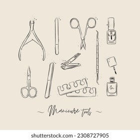Manicure and pedicure tools collection with wire cutters, nail file, scissors, nail polish, toe separator, cuticle pusher spoon drawing on beige background