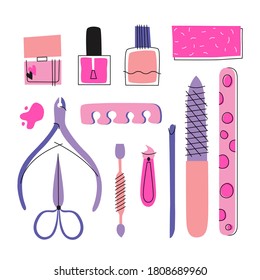 Equipo de doodle de herramientas de pedicura de manicura. Estudio de uñas, pancarta de salón. Ilustración vectorial de belleza.