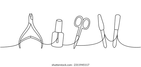 Herramientas de manicura y pedicura en una línea de dibujo continuo. Esmalte de uñas, archivos de uñas, tonificaciones de uñas, tijeras de cutícula o ilustración continua de una línea.