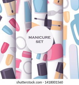 Manicure and pedicure tools seamless pattern set for nail studio or salon. Background with products for fingernails and nail art. Polishing, cutting and creating colorful and beautiful design.