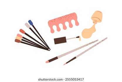 Manicure and pedicure tools set. Nail polish swatches, toe separator, varnish bottle, brushes, grooming accessories, beauty treatment kit. Flat vector illustration isolated on white background