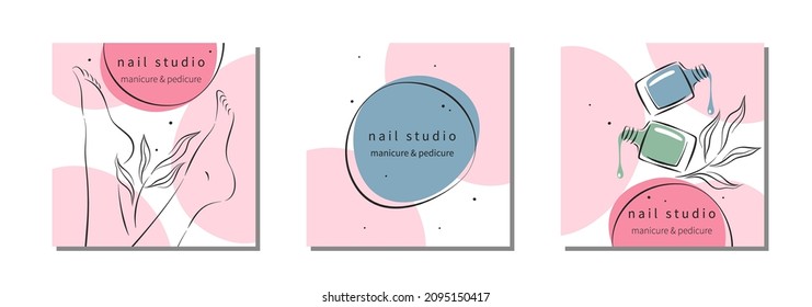 Manicure and pedicure. Well-groomed female feet, nail polish. Set of design for nail studio. Vector illustrations