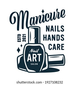 Manicure polish or varnish in bottle with brush for nail bar and beauty salon. Element for emblem fingernail studio or logo of manicurist service