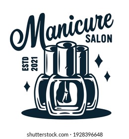 Manicure polish or varnish in bottle with brush for nail bar and beauty salon. Element for emblem fingernail studio or logo of manicurist service