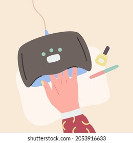 Manicure and polished nails. Nail file, UV lamp gel nail dryer, brush. Vector illustration.