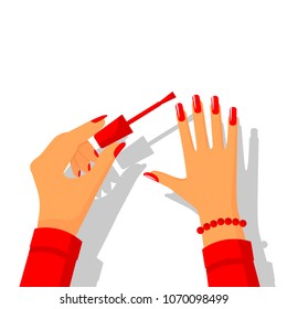 Manicure poster. Template cosmetic products, body care web design. Elegant woman hands painting nails. Beauty female. Vector illustration flat style. Isolated on white background.