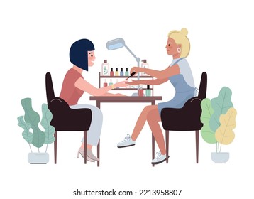 Manicure procedure 2D vector isolated illustration. Beauty salon flat characters on cartoon background. Hands treatment service colourful editable scene for mobile, website, presentation