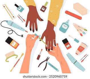 Contexto do procedimento de manicura. Procedimento de cuidado das unhas das mãos no salão de manicure, aplicação de esmalte de unha, mestre de unha profissional e ilustração vetor plana da cena do cliente. Sessão de manicura de desenho animado