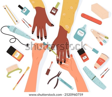 Manicure procedure background. Fingernails care procedure in manicure salon, nail polish applying, professional nail master and customer scene flat vector illustration. Cartoon manicure session