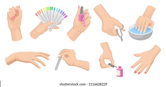 Manicure procedure set with women s hands, nail care products and tools. Flat vector elements for poster or banner of beauty salon