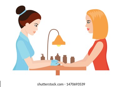 Manicure procedure at table in salon. Manicurist manicures client. Vector illustration