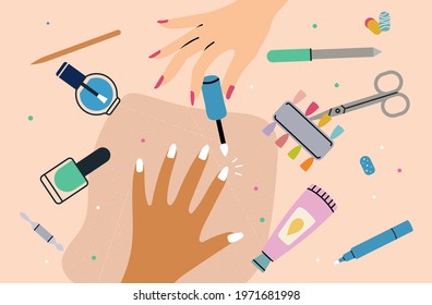 Manicure process. Female hand top view, nails swatches and professional tools. Beauty salon, cosmetics and woman hobby vector illustration