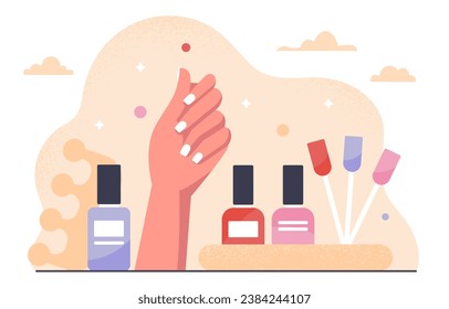 Concepto de productos de manicura. Mano con uñas coloridas cerca de botellas con cepillos. Belleza, estética y elegancia. La pedicura y el cuidado de las uñas. Dibujo vectorial plano de dibujos animados