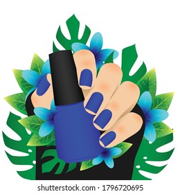 Manicure, red nail polish. Hand holds red bottle with varnish. Vector flat illustration isolated on white background. Tropical nail designs.