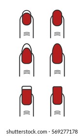 Manicure with red nail polish vector icons set. Different nail collection illustration.