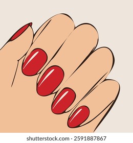 Manicure with red nails. Hand drawn vector art.