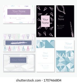 Manicure salon business card design templates set. A set of business cards for nail salons and beauty salons. Vector graphics of polygons in pastel colors with items for manicure.