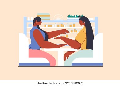 Manicure salon concept with people scene in flat design. Woman receives nail polish coloring and hand skin care. Manicurist doing beauty procedure. Vector illustration with character situation for web