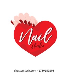 Manicure salon logotype. Professional nails master vector sign. Nail bar symbol. Female beauty concept. Beautiful woman hand. Logo template. Editable illustration isolated on a white background.
