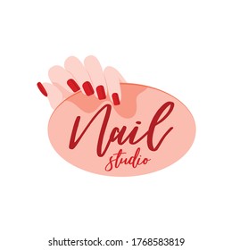 Manicure salon logotype. Professional nails master vector sign. Nail bar symbol. Female beauty concept. Beautiful woman hand. Logo template. Editable illustration isolated on a white background.
