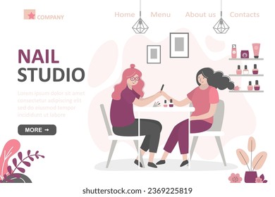 Manicure salon. Manicurist doing procedure with nail polish. Caucasian woman at manicure salon. Beauty salon interior. Nails and beauty studio, landing page template. Gel laque. vector illustration