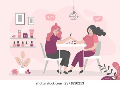 Manicure salon. Manicurist doing procedure with nail polish. Woman at manicure salon, room interior with furniture. Beauty salon interior. Nails and beauty. Nails bar. Gel laque. Gel polish. vector