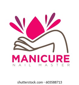 Manicure salon and nails design and care studio vector logo template. Symbol of woman hand and pink or red nail polish drop splash
