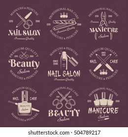 Manicure salon set of vector colored emblems, labels, badges and logos templates on purple background. Nail care and nails art studio or beauty salon