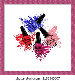 Manicure salon symbol: nail polish bottle set. Hand drawn watercolor style illustration of nail art accessories. Fashion background for beauty salon decoration, logo, uniform print.