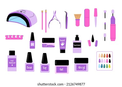 Manicure salon tools. Big set of nail extension, scissors, nail file, tweezers, nail polish, gel, acryl, uv led lamp, remover. Hand care equipment. Vector illustration.