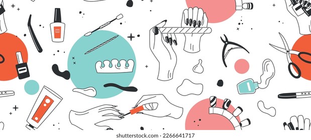 Manicure seamless line pattern. Repeating design element for printing on fabric. Pedicure, aesthetics and elegance. Female hands with varnish, nail file and scissors. Cartoon flat vector illustration